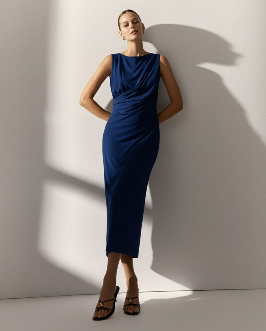 Vestido de fiesta azul de la marca Paz Torras